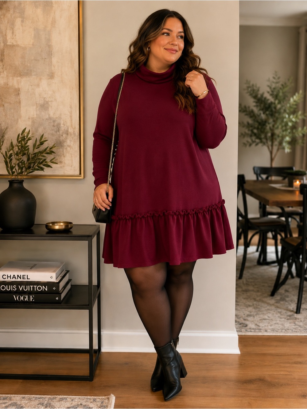 Halogen Burgundy Turtleneck Ruffle-Hem Long Sleeve Dress